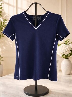 Ralph Lauren Active Navy V-Neck Short Sleeve Top with White Piping